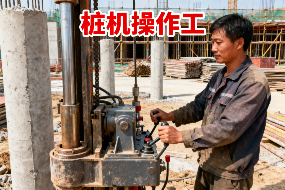 桩机操作工封面，画面呈现操作工操作桩机设备，背景为工地，上方有"桩机操作工"醒目文字，风格专业写实，无水印预览效果