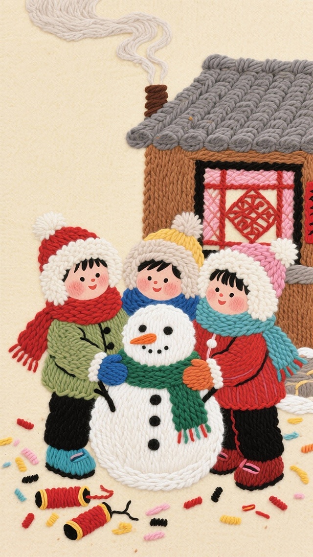 刺绣风手作画面，三个卡通儿童围抱雪人，暖色系搭配喜庆红窗，拟人化表情与轻拟物屋檐营造温馨冬日氛围，充满可爱感与节日气息。