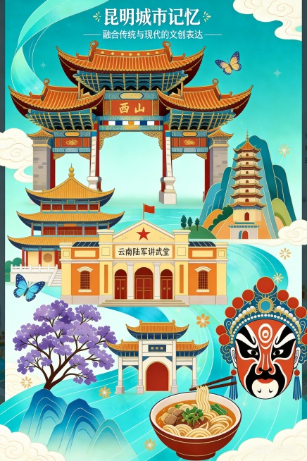 将图中的所有昆明城市标志性元素密集堆叠在一起，保持国潮插画风格和蓝绿色调，去掉大面积留白，让建筑美食等元素紧凑堆叠，保留顶部文字“昆明城市记忆——融合传统与现代的文创表达——”预览效果