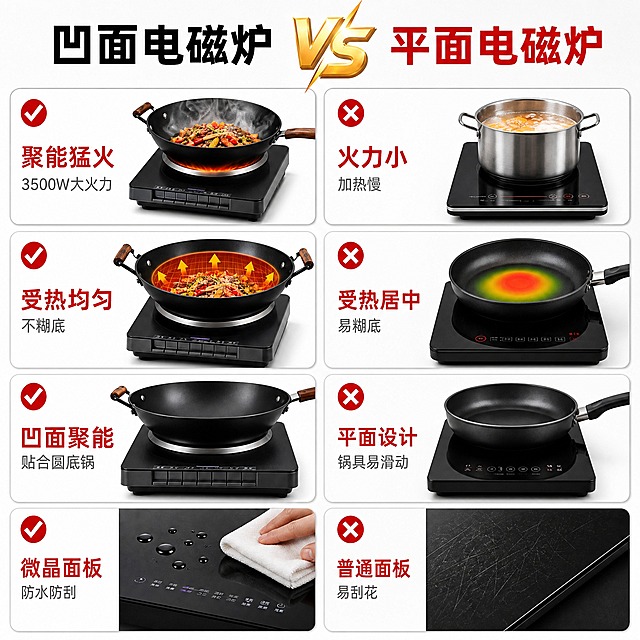 生成1张1:1方形电商详情对比图，复刻参考图的红白高转化对比表版式。
[商品] 使用产品图中的黑色凹面电磁炉：黑色方形机身、凹面玻璃面板、银色金属圆环、左前方一排钢琴键式按键、侧面散热格栅；产品外观、结构、颜色、材质必须与输入产品图一致，不能变形。
[画面] 顶部横向排布黑色粗体大字标题“凹面电磁炉”+ 金色立体“VS”标志 + 红色粗体大字“平面电磁炉”；下方为2列×4行对比卡片矩阵，卡片为白底、细灰边框、圆角；左列4格分别为：产品搭配圆底炒锅爆炒食材、锅底均匀受热、圆底锅稳贴凹面、湿润面板与抹布擦拭；右列4格分别为：普通平面电磁炉烧水、平面锅底受热集中于中心、平面锅在面板上滑动、干燥面板带划痕；每格左上角放圆形图标（左列红色对勾、右列红色叉号），图标下方为红色小标题，再下方为灰色说明文字。
[视觉] 套系策略：风格=红白高转化促销详情页；标题字=粗黑体；正文字=无衬线黑体；主色=红色与黑色；背景延展=白色与浅灰渐变；强调色=橙黄火焰光效；标题色=黑/红；正文色=中灰；组件=白底细边框圆角卡片、红底白字标签、红色对勾与叉号图标；光影=顶部柔和光、产品真实接触阴影、锅具与面板接触关系真实自然。
[文字] 标题“凹面电磁炉 VS 平面电磁炉”；左列四组红色小标题与灰色说明：《聚能猛火》3500W大火力、《受热均匀》不糊底、《凹面聚能》贴合圆底锅、《微晶面板》防水防刮；右列对应：《火力小》加热慢、《受热居中》易糊底、《平面设计》锅具易滑动、《普通面板》易刮花；全部文字横向排版、大小层级分明、手机端可读，不得出现乱码。
[规格] 图片比例1:1方形，2K，避免产品变形、错字、糊字、文字过小、杂色、水印、平台Logo、虚构参数与贬损竞品品牌。