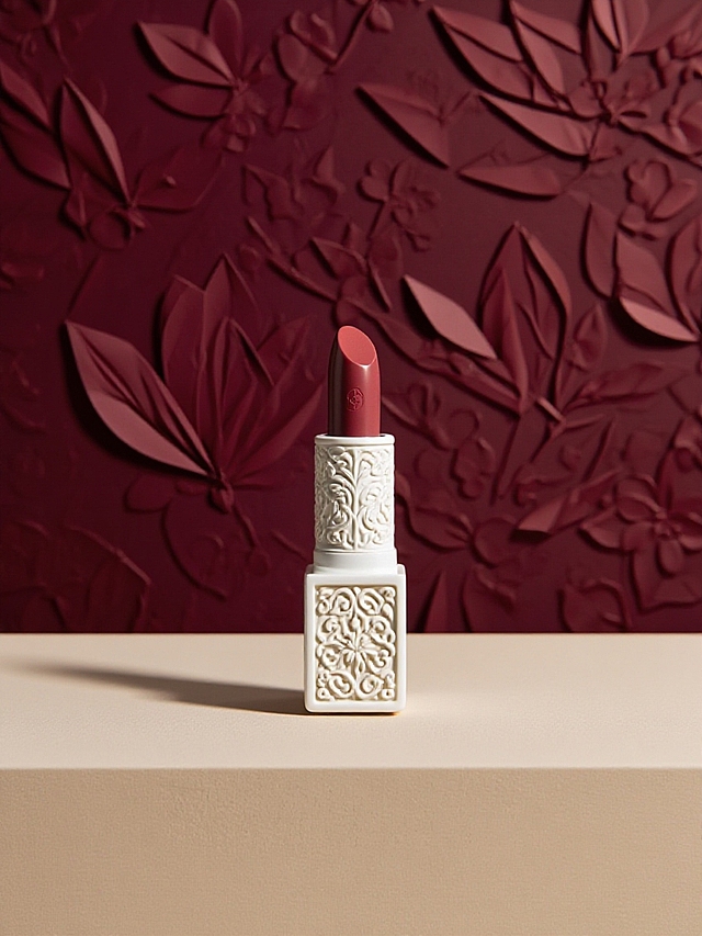 抠出主体，给主体的白色部分加上传统中式雕刻纹路；杏色展台，后面伸出一支梨花；深红色背景铺满中式传统折纸玉兰纹样；中心打光；极简东方美学