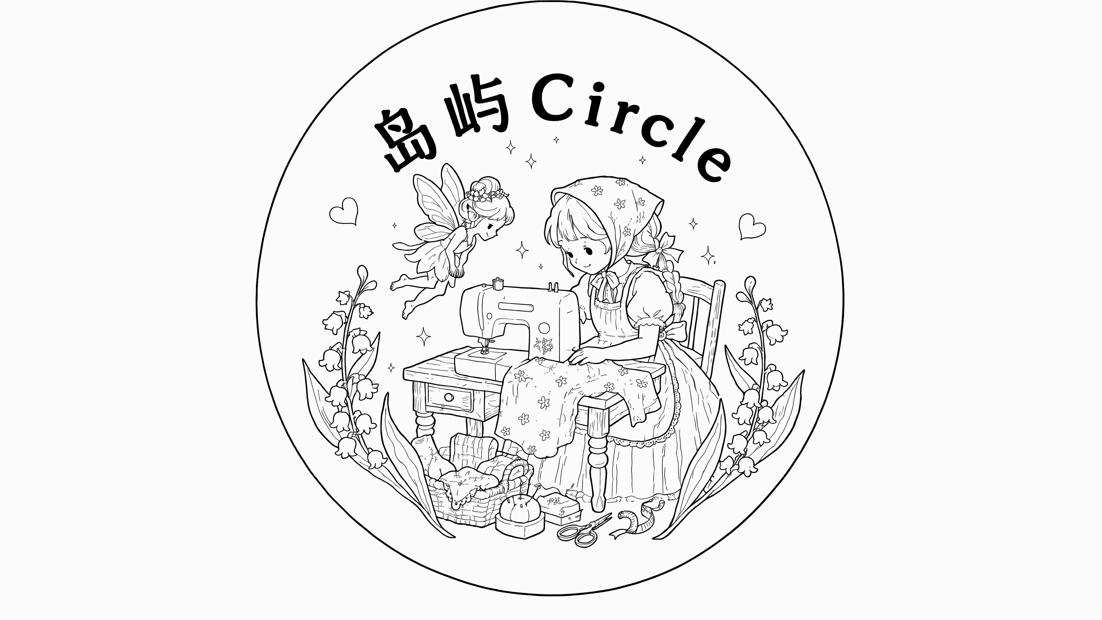 保留当前黑白线稿的全部构图与细节，仅将顶部文字“岛屿Circl… - 图片创意预览