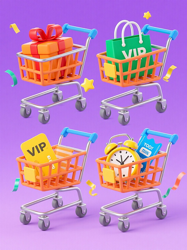 一套4个电商促销素材，上下两个，整齐排列，每个素材均购物车，保持橙色金属质感车架、蓝色手柄和灰色滚轮的统一视觉特征，购物车内分别装载不同组合的彩色购物元素（如黄色VIP卡片、带红色蝴蝶结的橙色礼盒、绿色购物袋、黄色闹钟、蓝色优惠卷等），素材周边点缀黄色星星和彩带，紫色背景