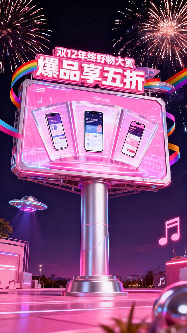 广角仰视构图，潮流酸性设计，粉色、银色为主色调。画面中心是立体促销大屏，有立柱支撑，全息展示图示手机（3个，扇面式展开）。大屏顶部标题”双12年终好物大赏““爆品享五折”。周围有彩虹带、飞碟、音符装饰。烟花夜景背景。