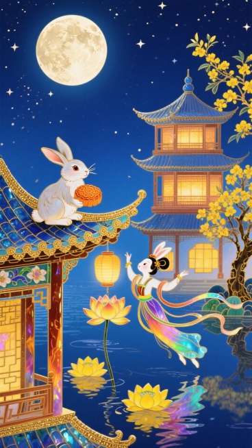 一只兔子抱月饼坐古楼檐角，另一只跃莲花灯上；嫦娥飞向月亮，深蓝夜空悬满月、缀星光，月下三层中式楼阁透暖光，右有黄花树，左及水面飘黄莲，水面映倒影。暖黄与深蓝交织。预览效果