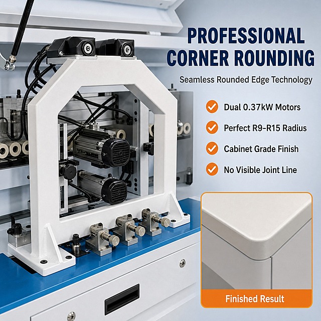 Amazon main image 3, corner rounding professional feature highlight. Close-up view of the corner rounding station of GD-668 edge banding machine, showing the white arch-shaped corner rounding mechanism with dual 0.37kW motors, detailed mechanical structure with guide rails and cutting heads. The mechanism occupies about 50% of frame on left side. Light gray industrial blue gradient background. Right side has feature text: large title "PROFESSIONAL CORNER ROUNDING" in bold dark blue, subtitle "Seamless Rounded Edge Technology", followed by 4 benefit points with orange checkmark icons: "Dual 0.37kW Motors", "Perfect R9-R15 Radius", "Cabinet Grade Finish", "No Visible Joint Line". Below shows a close-up of a finished cabinet door corner with perfectly rounded edge, labeled "Finished Result". Industrial orange accent color for highlights. Commercial photography texture, mechanism details sharp and clear. 1:1 ratio. Negative: distortion, wrong text, blurriness, Chinese text, watermark, clutter