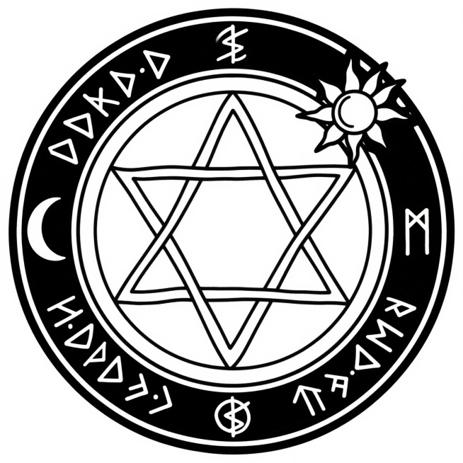 一个圆形魔法阵的黑白线稿，中心是一个八角星形图案，周围环绕着几何线条构成的圆环。左侧有一个弯弯的月牙，右侧是一个放射状的太阳图案。魔法阵外圈的四个方向分别有类似符文的神秘符号。整体构图对称，线条流畅且具有装饰性，呈现出神秘的魔法氛围。预览效果