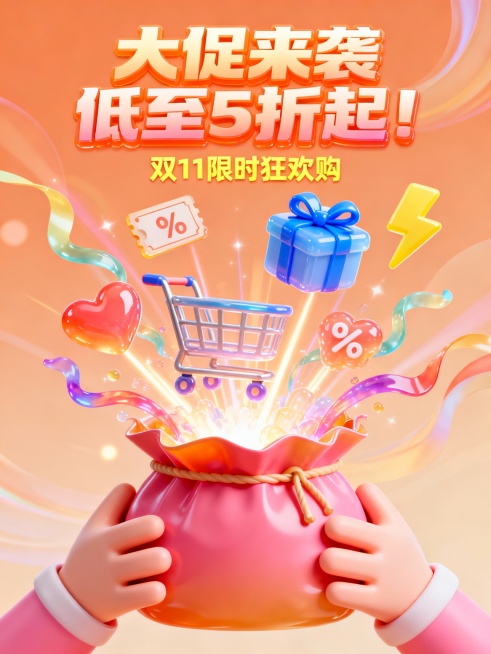 3D渲染，C4D风格，一对粉嫩的卡通双手托举着一个巨大的福袋，从打开的福袋中爆炸式喷涌出果冻质感的3D卡通图标，包括购物车、蓝色蝴蝶结礼物盒、带有“%”的优惠券、爱心、黄色闪电，以及多彩的流动丝带和光预览效果