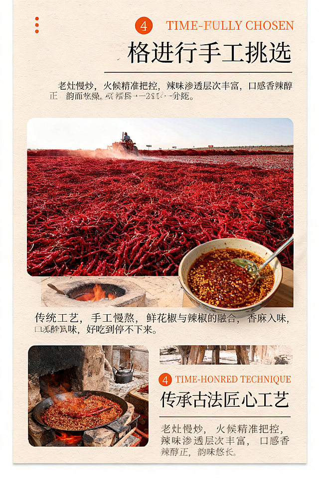 基于参考的原料挑选工艺图，生成第三款同风格详情页，突出传统工艺、口感香辣醇正的特点，2:3比例，2K分辨率，视觉风格和参考图统一