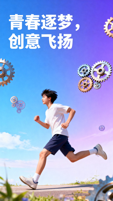 青春逐梦创意飞扬主题海报，画面主体为奔跑的青年，背景是渐变的蓝紫色天空与漂浮的创意齿轮，整体风格清新治愈，充满活力，色彩明亮，突出积极向上的氛围，适合作为个人作品集封面，添加标题文字"青春逐梦，创意飞预览效果
