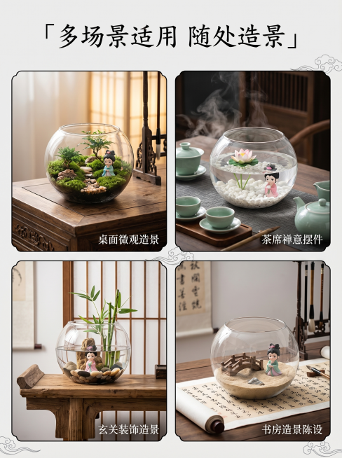 [主图 4] 高硼硅玻璃鱼缸多场景适用展示。[氛围风格] 中国古风禅意场景。[画质] 商业摄影真实质感，光线柔和通透，产品清晰真实，画面干净高级。[元素] 保持圆形高硼硅玻璃鱼缸外观结构和玻璃质感与输预览效果
