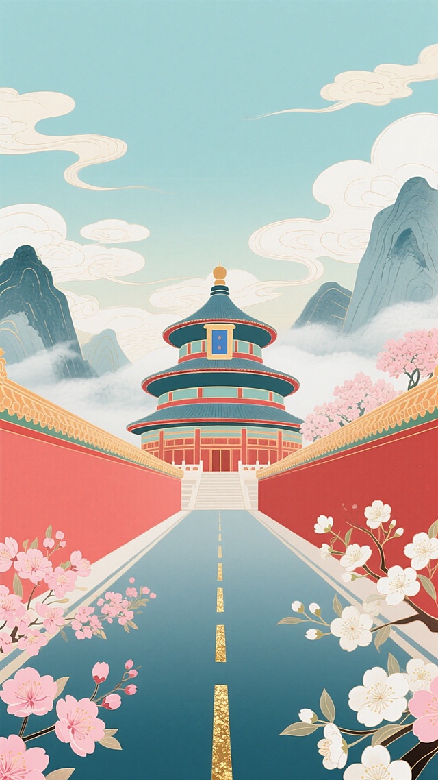 中间是通往天坛的路，尽头是视觉主体天坛，天坛占画面一半，融入水墨色的山，红色宫墙、繁花、云朵，色彩明快，营造古典祥瑞氛围