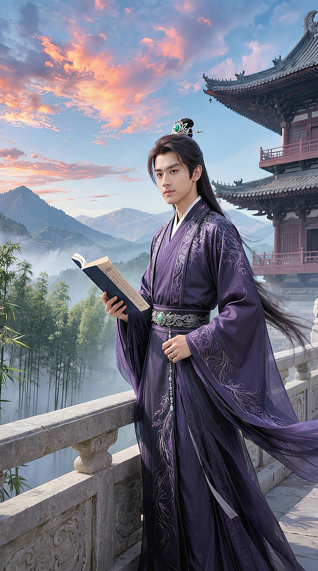 保留原图内容，重新调整尺寸为720*1562像素，保持古风男子、紫色汉服、古建筑、竹林远山晚霞的场景和整体风格不变