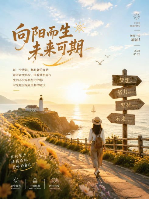 高端大气，画面有层次内容丰富的励志主题朋友圈海报，非黑色系风格，搭配励志文字预览效果