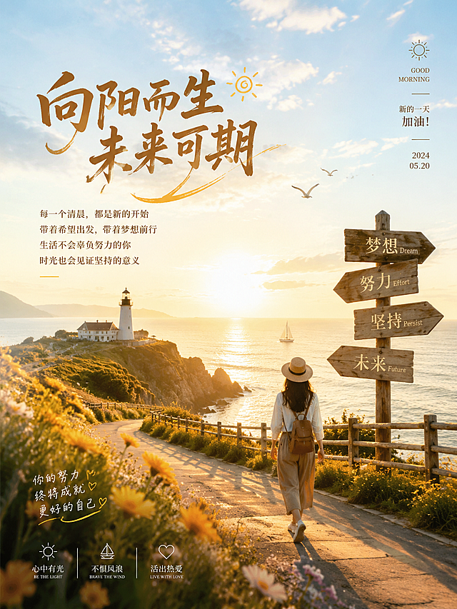 高端大气，画面有层次内容丰富的励志主题朋友圈海报，非黑色系风格，搭配励志文字