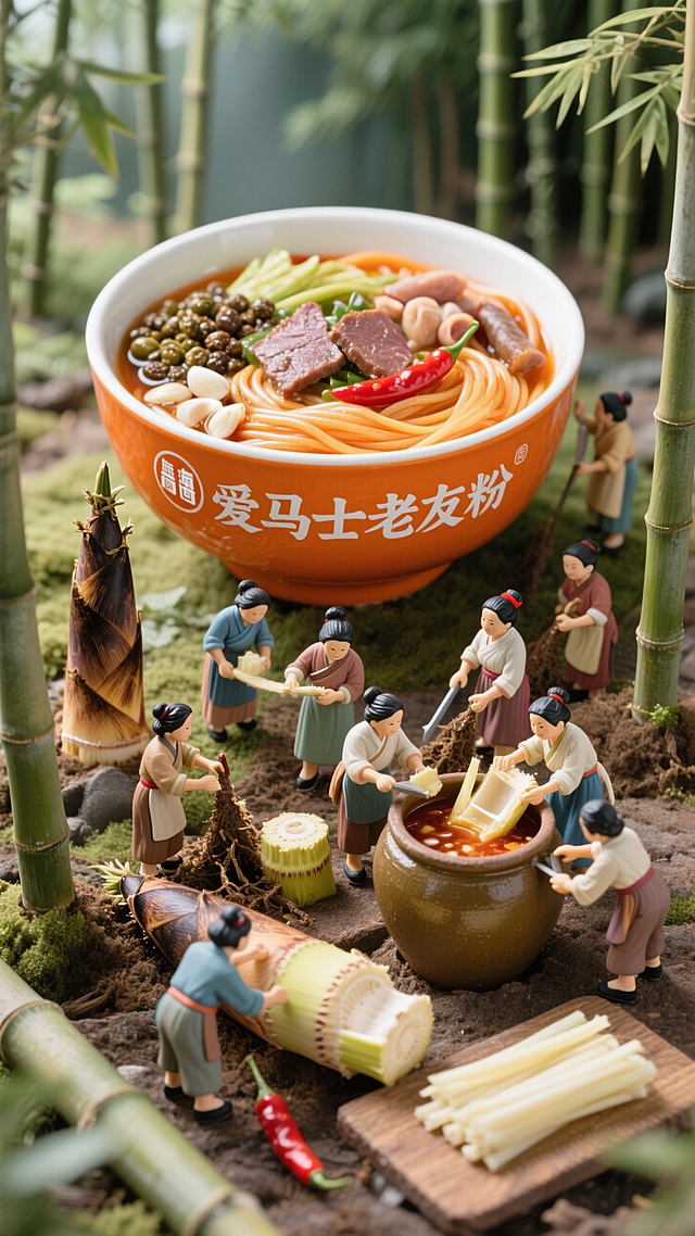 45角的视角看下去，在一片竹林的远处有一个巨大的橙色海口碗，碗上有字样，字样写着 “爱马士老友粉”，通过向下45度的视角可以看到海口碗里有豆豉、猪肝、粉肠、酸笋、蒜米、红辣椒及一条条被汤染成橙色的粉条；有海口碗的前面有十多个古代村妇打扮的小人在挖竹笋，有的把挖出来的竹笋放进大缸里腌制，有的在剥竹笋的外表皮，有的把剥好皮的竹笋切成细长条
