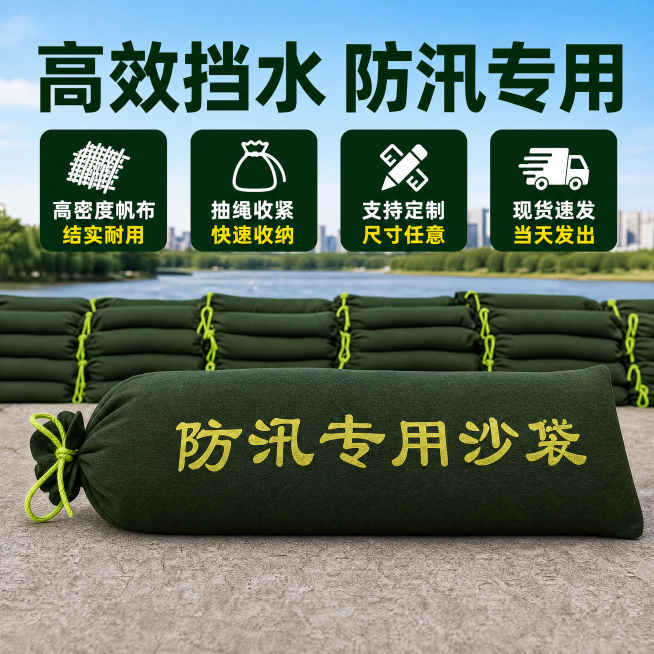 [主图-2] 防汛沙袋核心功能卖点展示。氛围风格为清晰专业功能展示风格，商业摄影质感，产品清晰真实，画面干净高级。一张堆放在防洪堤坝的防汛沙袋实景作为主背景，前景居中展示单颗饱满的防汛沙袋，保持沙袋外预览效果