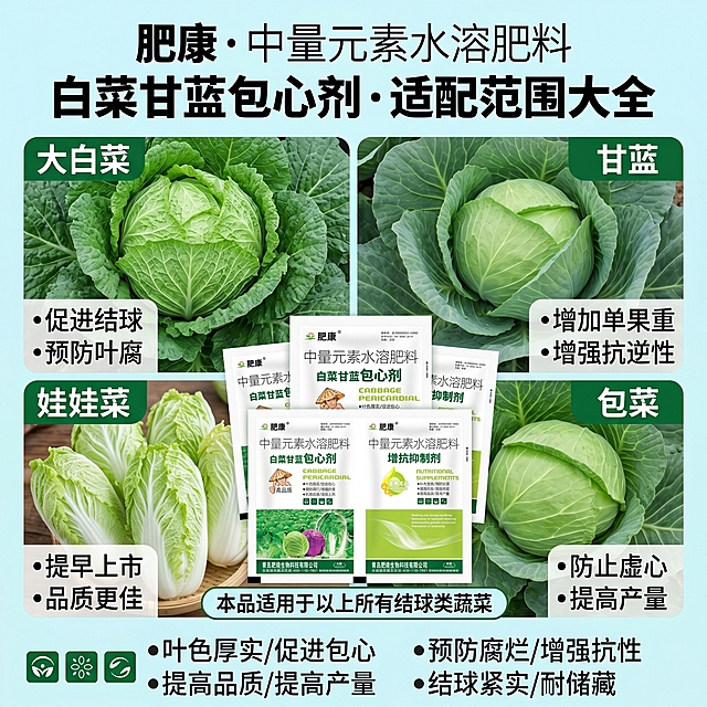 展示产品适用作物的电商主图，包含大白菜、甘蓝、娃娃菜、包菜等结球类蔬菜实物图，标注产品适配范围，拼多多农资风格，1:1比例
