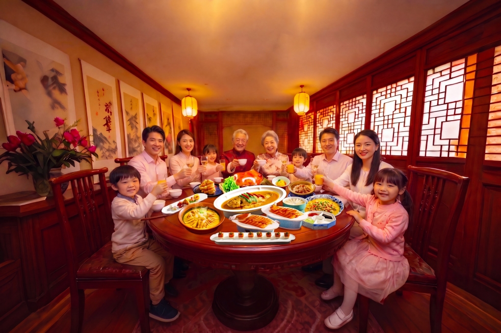 调整人物排列：中间位置是爷爷奶奶，两侧分别是两对夫妻带着两个孩子，保持桌面上所有菜品完全不变，所有人都是手举杯子，注意调整握杯方式和手指细节，整体保持中式家庭团圆年夜饭的温馨氛围，原图片的场景装修风格预览效果