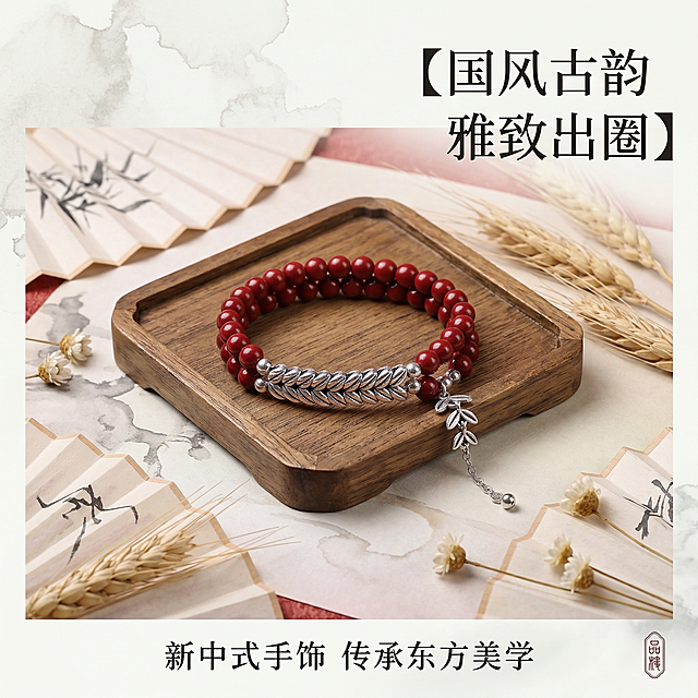 1:1竖版正方形电商主图，严格还原上传的产品图，包括朱砂麦穗银饰双层手链的造型、配色、纹路、细节结构等所有细节；产品外观必须与参考图完全一致，不得改变手链配色、造型结构或装饰元素；保持产品的真实材质质感（朱砂哑光温润质感、银饰金属高光磨砂质感），产品与搭配物体尺寸1:1还原；主标题居右上：【国风古韵 雅致出圈】，副标题居下：新中式手饰 传承东方美学；产品置于中式复古托盘之上，背景搭配简约中式折扇、干花麦穗元素，浅淡国风水墨底色，杂志级氛围感排版，营造浓郁新中式国风场景，突出产品国风调性，整体雅致高级，氛围感拉满