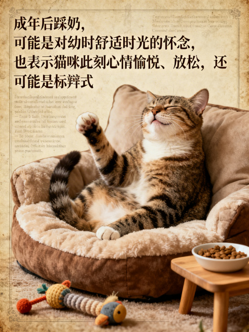 一只成年猫咪在柔软的沙发垫上踩奶，脸上洋溢着幸福。沙发旁的小桌上放着一些猫咪玩具和食物。画面一侧用详细的文字说明 “成年后踩奶，可能是对幼时舒适时光的怀念，也表示猫咪此刻心情愉悦、放松，还可能是标记领预览效果