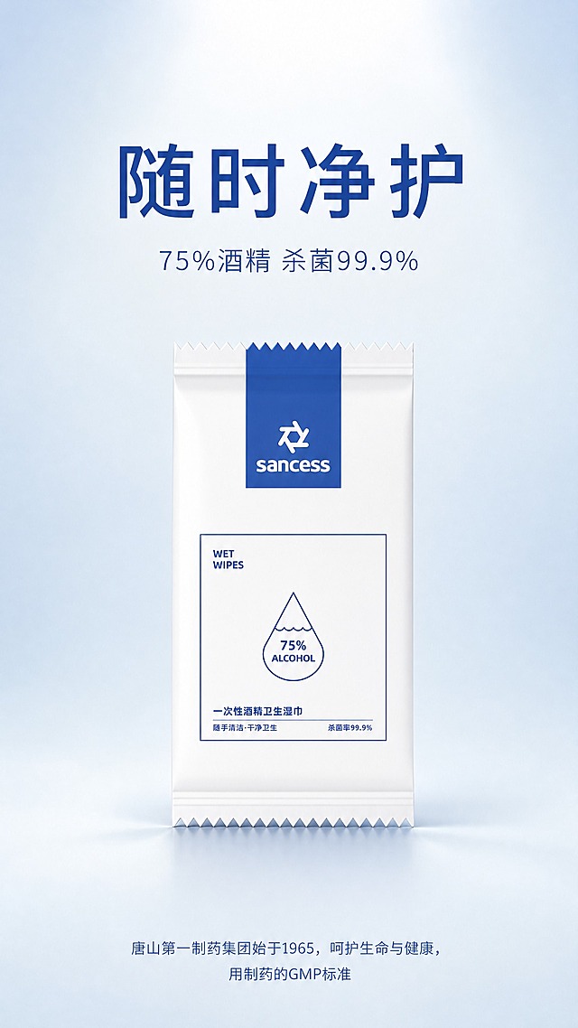 极简高级医药风产品海报，竖版9:16。画面中央偏下位置展示一次性酒精卫生湿巾独立包装袋，100%还原上传商品图的产品外形、包装、LOGO、印刷文字，完整保留原图中的袋型、轮廓、结构、比例、标签版式、品牌sancess logo、文字信息、材质质感、颜色与正面朝向，设计仅作用于背景、光影、版式和文字区。背景为纯净浅蓝白色渐变，柔和顶光，产品下方有自然投影，干净留白。画面上方三分之一处为文字区：主标题大字「随时净护」，副标题小字「75%酒精 杀菌99.9%」，字体简洁现代。画面底部为品牌尾句区：「唐山第一制药集团始于1965，呵护生命与健康，用制药的GMP标准」。整体风格极简留白、高级医药感、版式精美、信息层级清晰，商品主体占比约50%，文字不遮挡产品主体。画面中所有文字必须清晰可读，数字精确渲染。与前面几张保持统一视觉体系。
