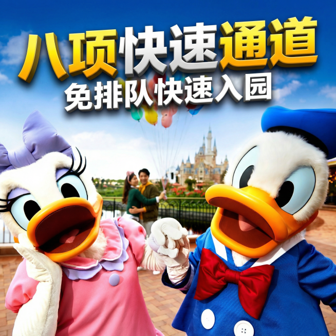 主标题为“八项快速通道”，采用醒目的黄白渐变立体加粗字体；下方配有“免排队快速入园”的促销文案，整体风格是商业电商风，色彩鲜艳明快，充满童话感与节日氛围，画面具有强烈的视觉吸引力和立体感，图片比例为预览效果