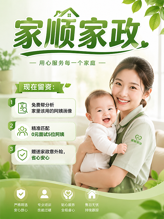 小红书商业广告素材，绿色系为主，整体色调清新自然。画面上方是醒目的大字体文字"家顺家政"。画面右下角是一位年轻的育儿嫂抱着可爱的小宝宝，两人都在开心地微笑，氛围温馨。画面左侧列出三条优惠政策，文字为"现在留资：1.免费帮分析家里该用的阿姨画像 2.精准匹配 0元面试5位阿姨 3.赠送家政意外险，省心安心"。整体风格干净舒适，适合家政服务推广，无违禁词汇。