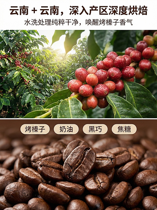 3:4竖版构图，上半部分为云南咖啡种植园实景图，阳光穿透咖啡树，鲜果特写突出饱满质感。下半部分为阿拉比卡咖啡豆特写，深度烘焙后的油亮质感，搭配风味关键词「烤榛子 | 奶油 | 黑巧 | 焦糖」。主标题为“云南 + 云南，深入产区深度烘焙”，副标题为“水洗处理纯粹干净，唤醒烤榛子香气”。色调为自然绿、暖棕、深褐，还原咖啡从产地到烘焙的真实色彩。实景图与特写图上下分层，用细白线分隔，保持视觉流畅，关键词用圆角标签突出。