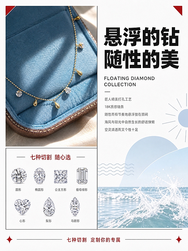 [商品] 使用产品图18K悬浮钻项链手链合集；保留金色珠链、圆形钻石、水滴形金坠、间隔悬挂结构，18K黄金质感。
[画面] 第2张 设计理念与悬浮钻概念，杂志内页拼贴风格。画面采用左右分栏+上下分层的拼贴构图：左上-项链自然垂放在蓝色丝绒首饰盒中的静物图，阳光从侧面打来，钻石闪耀；左下-七种不同切割形状的培育钻小图标排列展示（圆形、椭圆、公主方、祖母绿、心形、梨形、马眼），标注"七种切割 随心选"；右侧-文字说明区域，配海浪/阳光抽象几何图形点缀。背景为白色，有黑色细线分割区域，红色角标装饰。整体传达海风与阳光中自然生长的舒适慵懒感。
[视觉] 套系策略：风格=时尚杂志风内页设计；标题字=无衬线粗体大字；正文字=简洁无衬线体；主色=纯白；背景延展=白色基底+黑色细线分割+红色角标+浅蓝色点缀的杂志内页感；强调色=正红，用于关键词、角标；标题色=纯黑；正文色=深灰；组件=切割形状图标、细线分割、红色角标；光影=自然阳光感，钻石有温暖高光。
[文字] 右侧上方大号无衬线粗体中文主标题"悬浮的钻 随性的美"；下方英文"FLOATING DIAMOND COLLECTION"；再下方中文短句"匠人精美打孔工艺 18K质感链条 随性而有节奏地悬浮挂在颈间 海风与阳光中自然生长的舒适慵懒 空灵清透而又个性十足"；底部红色小字"七种切割 定制你的专属"。所有文字横排。
[规格] 图片比例3:4竖版，4K，避免变形、错字、项链结构失真、绝对化用语。