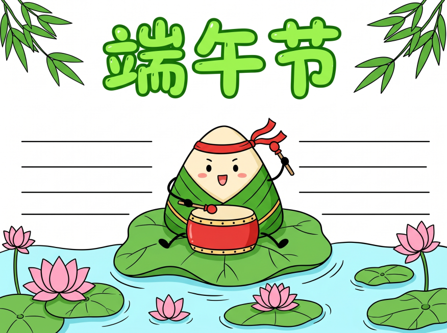 小学生端午节手抄报模板，横版A4尺寸，2D平涂卡通风格，纯白背景，无多余杂色，线条干净清晰，色彩明亮清新。整体色调以亮绿色、正红色、天蓝色、浅粉色为主。画面顶部中央是大号圆润的亮绿色艺术字标题“端午节预览效果
