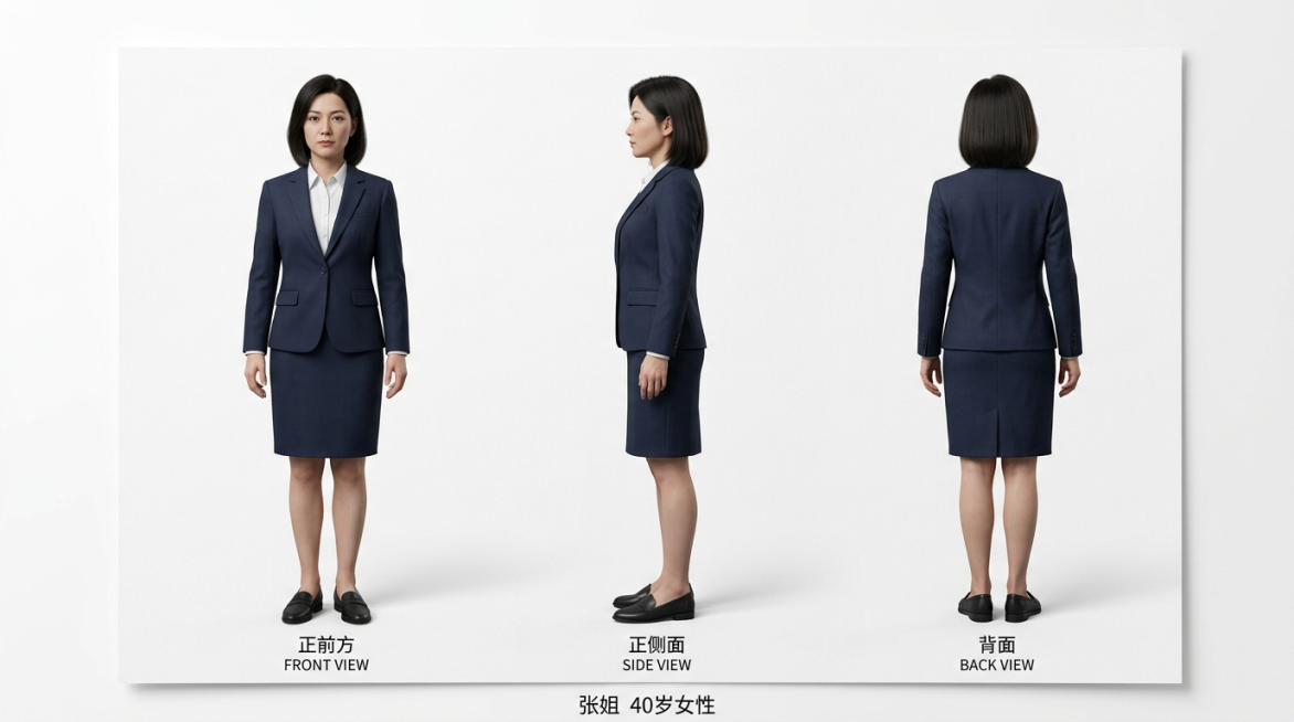 单个人物三视图，3D仿真人风格，16:9横版构图，纯白色背景，单个纸张上展示角色三视图，依次为正面、正侧面、背面，下方标注中文姓名"张姐"，40岁女性，齐肩短发，表情职业严肃，深色西装套裙+平底鞋，气预览效果