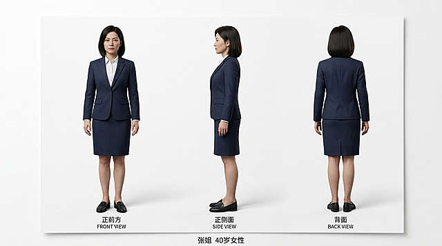 单个人物三视图，3D仿真人风格，16:9横版构图，纯白色背景，单个纸张上展示角色三视图，依次为正面、正侧面、背面，下方标注中文姓名"张姐"，40岁女性，齐肩短发，表情职业严肃，深色西装套裙+平底鞋，气质干练疏离，人物建模精致细腻，面部清晰，服装质感写实，8K高清，负面提示：避免画面杂乱，人物重叠，背景多余元素，比例失调，面部模糊，服装破损，低分辨率，变形