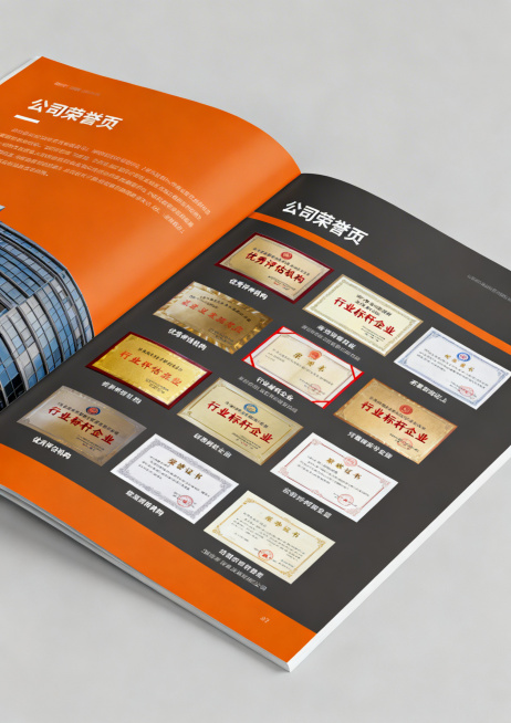 恒正评估宣传册公司荣誉页，橙黑灰简约风格，展示公司获得的各类荣誉证书照片，搭配荣誉说明文字预览效果