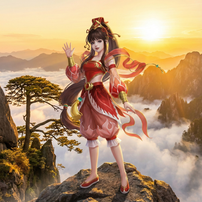 日落前夕，漫天泛着金光，使用我提供的角色站在黄山上打招呼，不拿武器，远景是连绵不解的山峰，云雾在山间翻涌，下方云海中隐现的迎客松被落日镀上一层碎金。预览效果