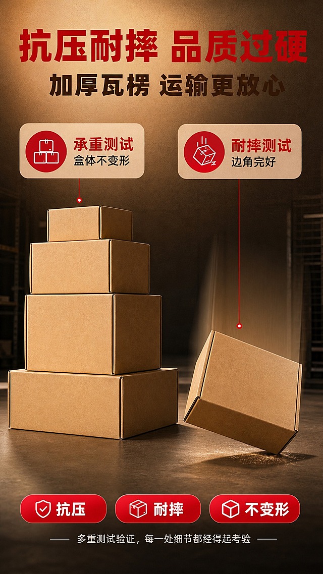 [商品] 使用【图1】超硬飞机盒；保留牛皮纸原色、瓦楞纸板材质、飞机盒结构；选取大号闭合飞机盒做抗压测试主体，盒型保持方正挺括。

[画面] 第7张 抗压品质页，目标是通过硬核测试直观证明超硬耐摔的品质。状态对比+测试演示构图，画面左侧展示飞机盒上放置重物（如堆叠的多个纸箱）依然方正不变形，右侧展示飞机盒从高处落下后仍完好无损的状态。主体占画面55%。背景为深棕色渐变+工业风光影，营造测试氛围。顶部标题区，底部放品质卖点。

[视觉] 套系策略：风格=专业工业风商业摄影 品质感；标题字=粗黑体 厚重有力；正文字=简洁无衬线体；主色=牛皮纸棕黄+正红；背景延展=基于牛皮纸棕黄色做深浅层级渐变 叠加细腻纸板纹理暗纹；强调色=正红色 仅用于品牌标签 标题重点字 图标高亮；标题色=正红色+深棕色；正文色=深炭灰色；组件=圆角信息卡 细线引线 红色胶囊标签；光影=左前侧45度暖光 产品顶部高光 底部柔和投影 体现纸板厚度和硬度 测试场景用侧逆光增强立体感。

[文字] 顶部红色粗黑体大标题"抗压耐摔 品质过硬"，下方深棕色副标题"加厚瓦楞 运输更放心"；左侧测试图标注"承重测试 盒体不变形"，右侧测试图标注"耐摔测试 边角完好"；底部3个红色胶囊标签"抗压""耐摔""不变形"。所有文字横排，测试表达保守不虚构具体数值。

[规格] 图片比例9:16竖版，2K，避免变形、错字、文字过小、平台logo、水印、极限词、虚假承重数据、人体踩踏危险动作