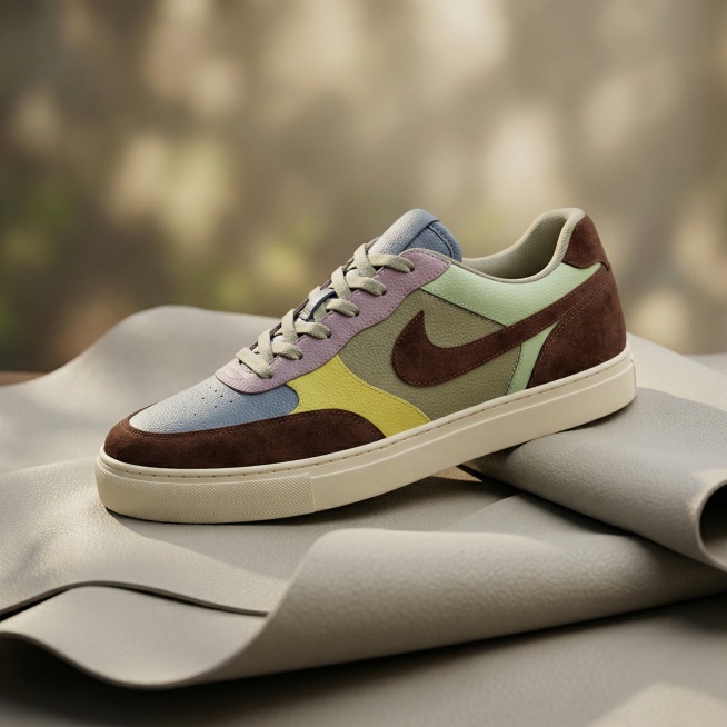 生成一款男士板鞋，鞋子部分使用图片一的皮革纹理材质，色彩参考图片二，鞋子整体搭配另一种不同材质，不只是单一颜色。将鞋子放置在皮革上方，皮革也出现在画面中，电商运营场景图，高贵大气，c4d渲染，营造高端预览效果