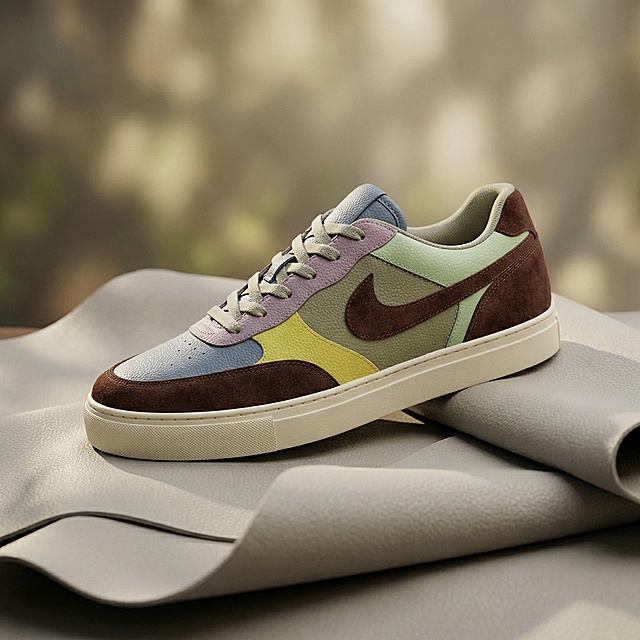 生成一款男士板鞋，鞋子部分使用图片一的皮革纹理材质，色彩参考图片二，鞋子整体搭配另一种不同材质，不只是单一颜色。将鞋子放置在皮革上方，皮革也出现在画面中，电商运营场景图，高贵大气，c4d渲染，营造高端质感、朦胧自然的氛围，突出男士尊贵气质