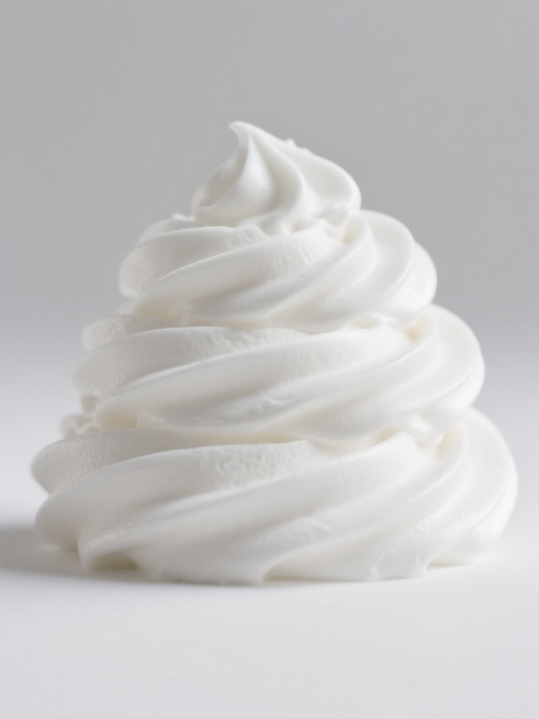 纯白奶油以细腻柔滑的螺旋堆叠形态呈现，表面带有自然的奶油纹理和光泽，具有极高的写实主义风格，光影效果柔和，高光与阴影过渡自然，背景为纯色，整体画面干净简洁，突出奶油的质感与形态。预览效果