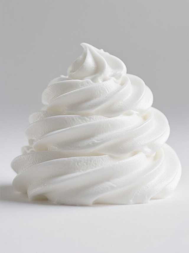 纯白奶油以细腻柔滑的螺旋堆叠形态呈现，表面带有自然的奶油纹理和光泽，具有极高的写实主义风格，光影效果柔和，高光与阴影过渡自然，背景为纯色，整体画面干净简洁，突出奶油的质感与形态。