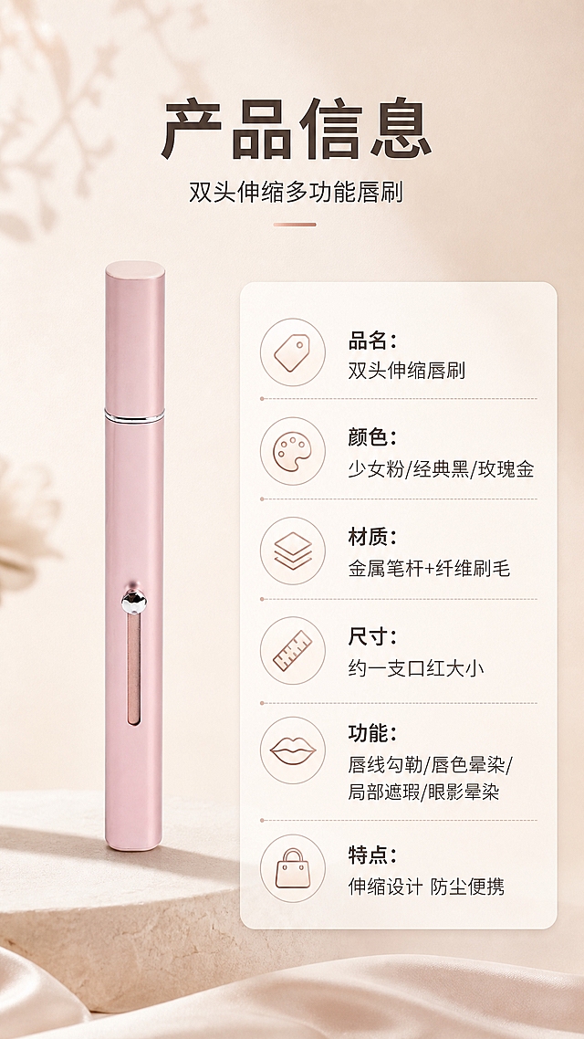 [商品] 使用【图9】淡粉色款双头伸缩唇刷（闭合状态）；保留金属笔杆、推钮、笔式外形、淡粉色磨砂质感、防尘盖，不改变结构比例和颜色。
[画面] 页面目标：产品信息规格收口页。竖版9:16左物右表构图，左侧为直立的淡粉色唇刷产品图（占画面约40%），右侧为产品参数信息表，背景为浅暖米色渐变，干净简洁。
[视觉] 套系策略：风格=高级美妆商业摄影，温柔精致ins风；标题字=现代无衬线粗体（圆润优雅）；正文字=简洁无衬线体；主色=淡粉+暖米杏；背景延展=暖米杏/奶茶色渐变、细腻肌理墙面、同色系深浅层次；强调色=玫瑰金，仅用于小面积图标、引线、标签；标题色=深棕灰；正文色=中暖灰；组件=圆角浅底信息卡、细线引线、圆形icon；光影=左前侧暖柔光，柔和阴影，通透质感。
[文字] 顶部主标题"产品信息"，副标题"双头伸缩多功能唇刷"；右侧参数表：品名：双头伸缩唇刷、颜色：少女粉/经典黑/玫瑰金、材质：金属笔杆+纤维刷毛、尺寸：约一支口红大小、功能：唇线勾勒/唇色晕染/局部遮瑕/眼影晕染、特点：伸缩设计 防尘便携。表格清晰分行，手机端可读。
[规格] 图片比例9:16竖版，4K，避免变形、错字、文字过小、冷蓝背景、颜色改变、结构失真、绝对化用语、虚假参数。