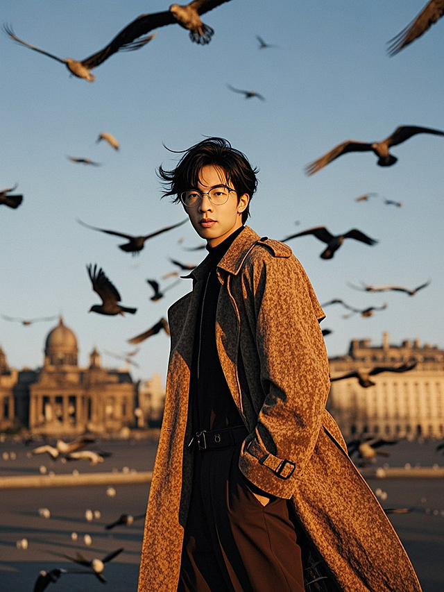 黄昏时分的城市风光中，人物身着质感外套，飞鸟环绕，自然光与暖色调交织，营造出兼具都市感与文艺感的街拍风格写真，胶片风肌理增强视觉氛围。