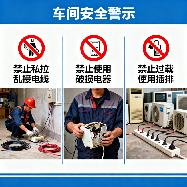 一张车间安全警示图，画面中展示三种禁止行为：禁止私拉乱接电线、禁止使用破损电器、禁止过载使用插排，配有醒目的红色禁止标识，风格简洁清晰，适合插入PPT使用预览效果