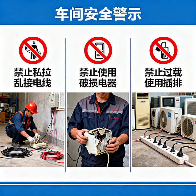 一张车间安全警示图，画面中展示三种禁止行为：禁止私拉乱接电线、禁止使用破损电器、禁止过载使用插排，配有醒目的红色禁止标识，风格简洁清晰，适合插入PPT使用