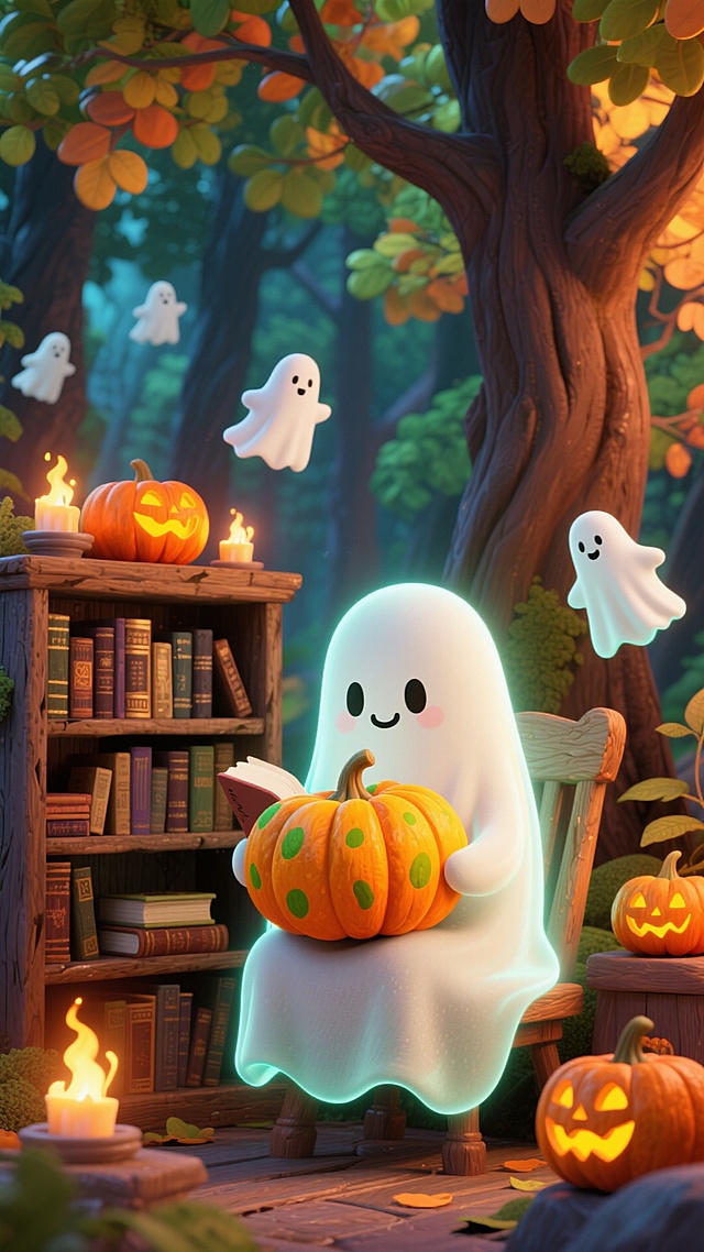 有一只可爱的幽灵坐在南瓜上看书，旁边有书架、南瓜灯和小幽灵，背景是森林，复古。
