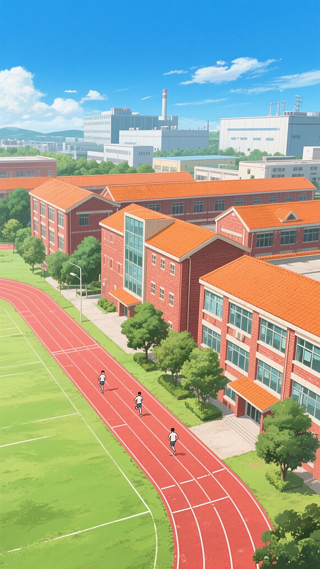 新海诚动画风格，晴朗天空下的校园场景，红砖教学楼群，橙色屋顶，大面积玻璃窗，建筑前绿树环绕，红色塑胶跑道上有奔跑的学生身影，画面清新明亮，色彩明快饱和，线条细腻，光影柔和，氛围感宁静美好，青春洋溢，远处可见现代化厂房轮廓，整体构图开阔舒展，展现校园建筑的层次感与活力。