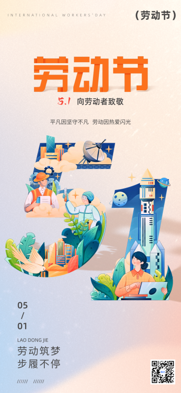 五一劳动节卡通祝福问候全屏竖版海报预览效果