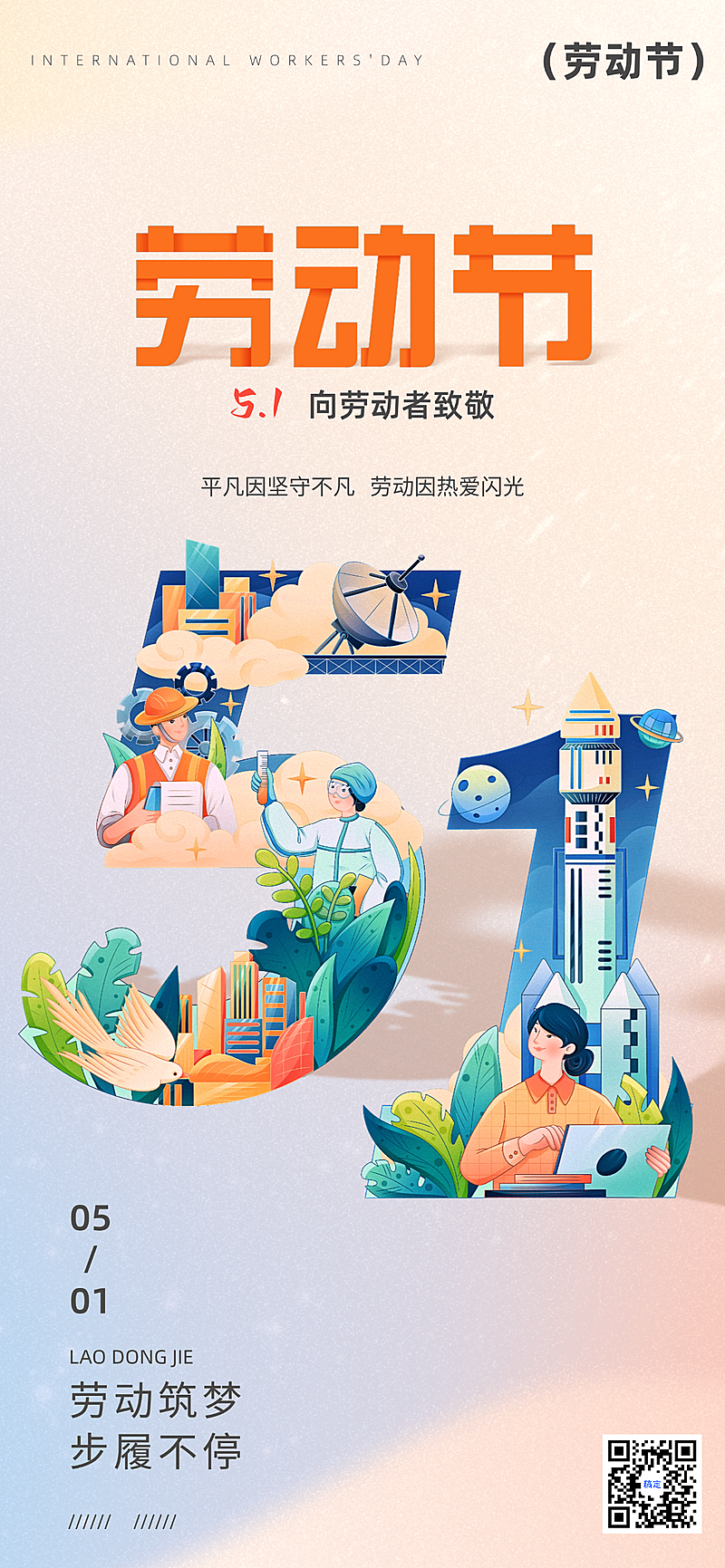 五一劳动节卡通祝福问候全屏竖版海报