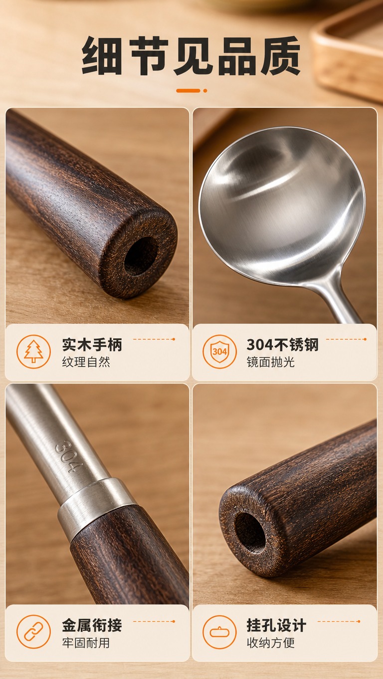 [商品] 使用【图1】304不锈钢木柄锅铲汤勺套装；保留产品结… - 图片创意预览