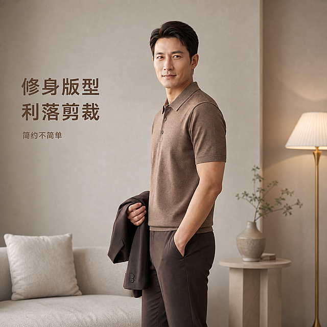 [主图-2] 花咖色针织Polo短袖侧面模特穿搭图
[氛围风格] 简约轻奢室内环境 纪实人像摄影风格 沉稳高级商务通勤感 自然松弛
[画质] 商业摄影质感 光线柔和通透 产品清晰真实 画面干净高级 超高清细节
[元素] 同一位成熟儒雅亚洲男士 35-40岁 短发利落 气质沉稳 身着同款花咖色针织Polo短袖 简约修身版型 搭配深咖色休闲西裤 黑色真皮商务皮鞋。男士侧身45度站立 身体朝向画面左侧 头部微转看向镜头 一手自然垂落 另一手轻扶西装外套搭在手臂上 身姿挺拔 展现服装侧面修身线条与肩颈版型。背景延续简约轻奢室内空间 浅米灰色墙面 背景中有现代简约边几与陶瓷花瓶装饰 暖光落地灯营造氛围。保持花咖色针织Polo短袖外观（即物理结构、材质质感、颜色、领口门襟细节、针织纹理）与输入产品图绝对一致 杜绝任何变形和色差 精细化处理。商品主体（人物+服装）占画面70%左右 画面满屏无边框 人物头部不顶边。
[光影] 侧前方柔和主光 侧面勾勒服装轮廓线条 针织面料纹理清晰 暗部有层次 光影过渡自然 整体温润高级
[配色] 主色调花咖色 辅助色深咖 米灰 暖金 整体低饱和度高级配色
[视角构图] 平视中景 人物偏右侧站立 左侧留出负空间 景深中等 背景适度虚化 侧面展示服装版型线条
[文字版式] 左侧负空间左对齐 竖排或横排主文案"修身版型 利落剪裁" 花咖色粗体无衬线 下方辅助小字"简约不简单" 字号缩小50% 文字不遮挡人物主体
[输出要求] 1:1比例 文字清晰可辨 超高清商业摄影质感
[负向提示词] 变形 文字错乱 产品图模糊 背景杂乱 水印 电商平台Logo 人物头部裁切 换人换脸